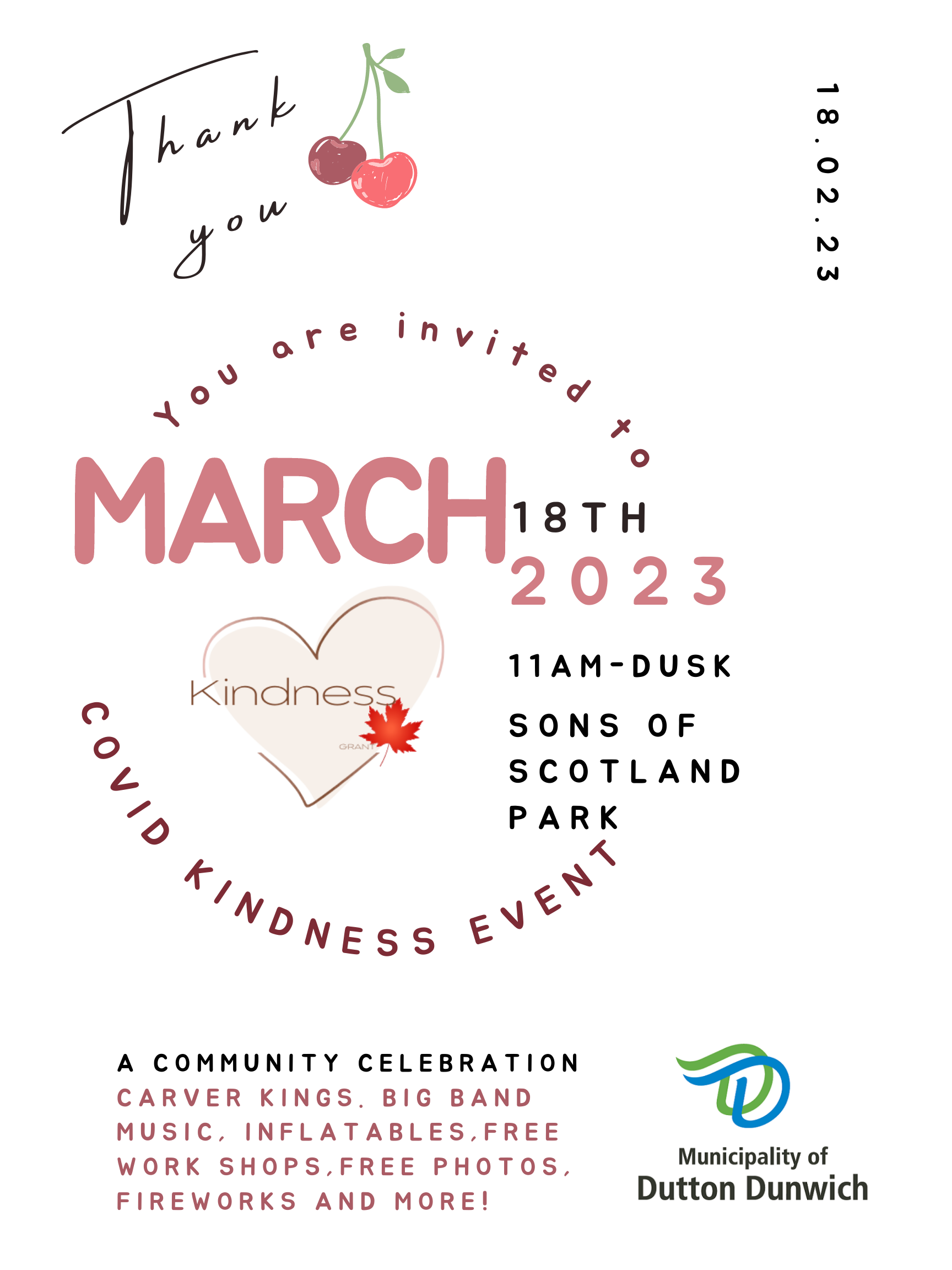 Poster for Covid Kindness Event on March 18,2023 at Dutton Community Centre and Sons of Scotland Park